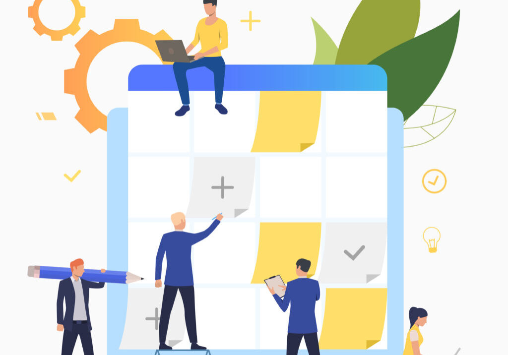 Business people planning and working with task board Business people planning and working with task board. Staff, scheduling, teamwork concept. Vector illustration can be used for topics like business, management, planning